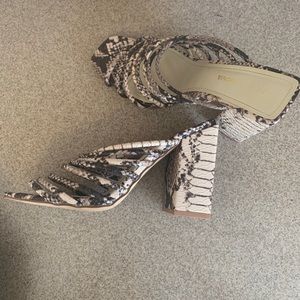 Snakeskin block sandal heels